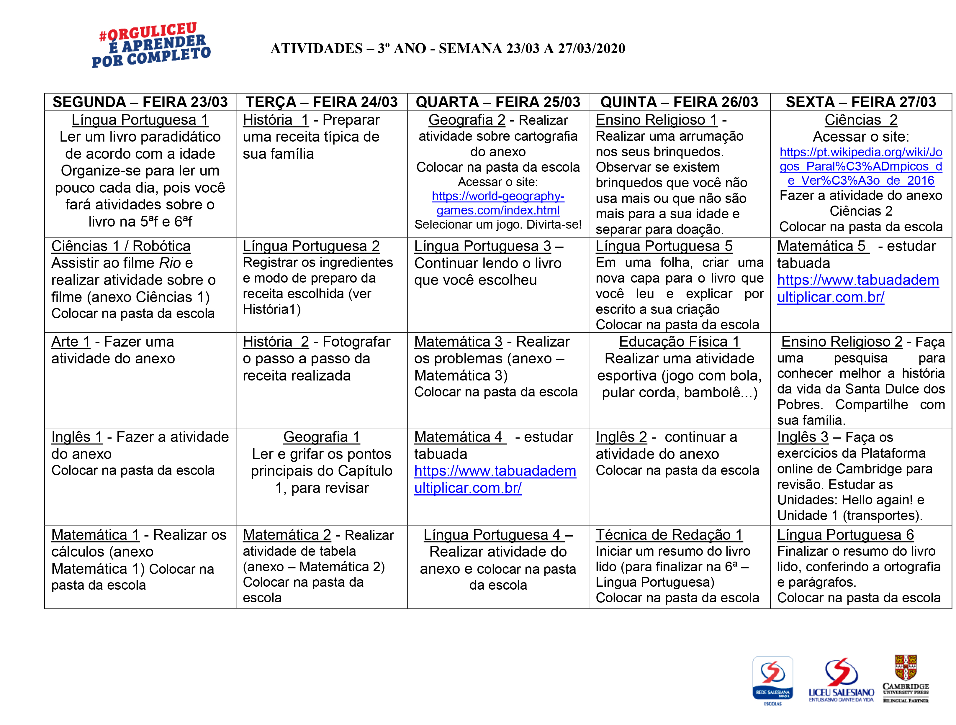 ATIVIDADES PEDAGÓGICAS – 2º ANO – Colégio Liceu Salesiano